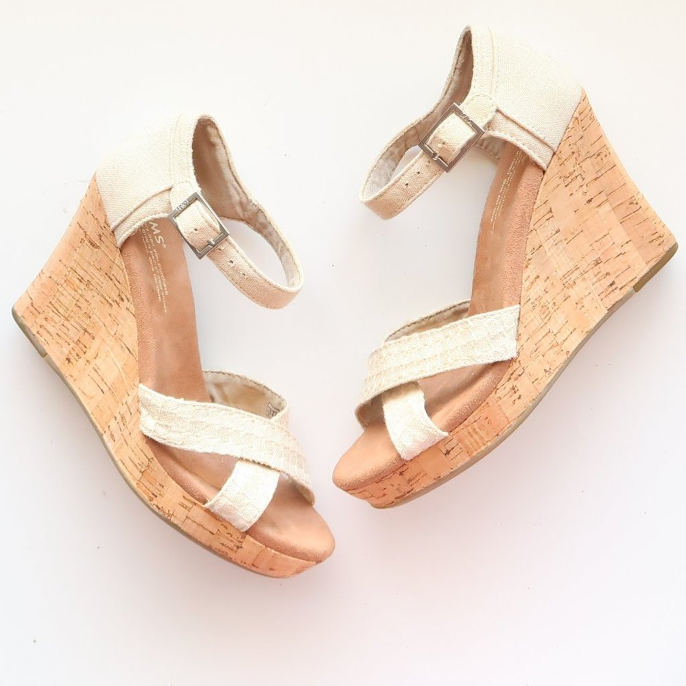 Toms Cream Canvas Ankle Strap Cork Platform Wedge Heel Sandals Summer Shoes 6